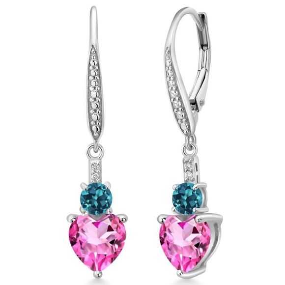 925 Sterling Silver 3.29 Cttw Pink Topaz and London Blue Topaz Heart Earrings